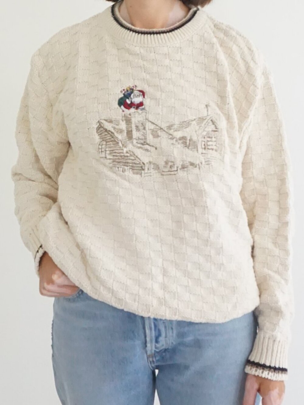 Vintage Shenandoah Ivory Santa Village Embroidered Cabin Christmas Knit SweaterM